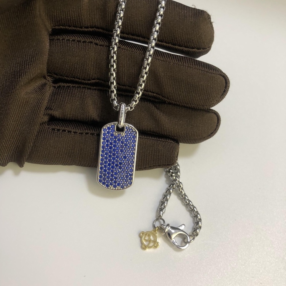 David Yurman Pavé Tag Necklace in Sterling Silver with Sapphires Blue Gems